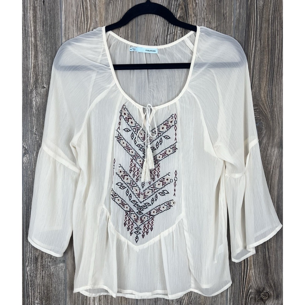 Maurices Sheer Shirt Women's MED Beige Boho Chic Peasant Festival Embroidered